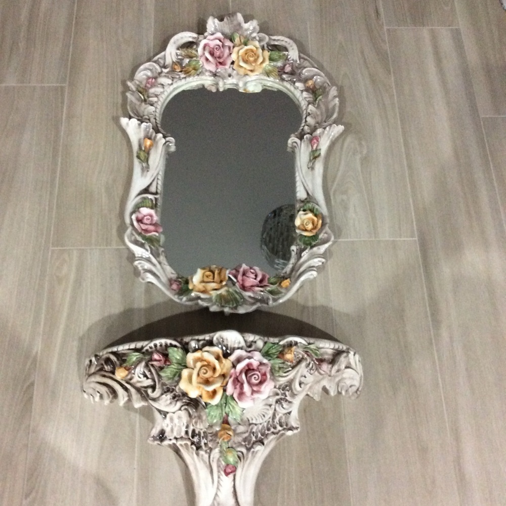 Authentic Original Vintage Style Floral Mirror and Shelf Set